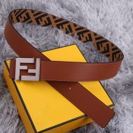 Fendi FF Buckle Reversible Belt In FF Motif Fabric and Nappa Leather Brown/Silver