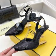 Fendi First High Heel Slingbacks In Calf Leather with Sequins Embroidery Black