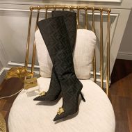 Fendi Knee High Ankle Boots Women Fendace FF Fabric Black