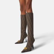 Fendi Knee High Ankle Boots Women Fendace FF Fabric Brown