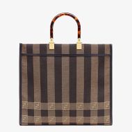 Fendi Large Sunshine Shopper Bag In Vichy Pequin Fabric Brown