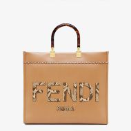 Fendi Medium Sunshine Shopper Bag In Python ROMA Logo Calf Leather Khaki