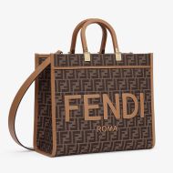 Fendi Medium Sunshine Shopper Bag In ROMA Logo FF Motif Fabric Brown