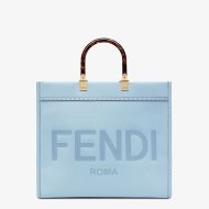 Fendi Medium Sunshine Shopper Bag In ROMA Logo Calf Leather Sky Blue