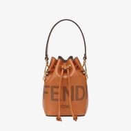 Fendi Mini Mon Tresor Bucket Bag In ROMA Logo Calf Leather Brown