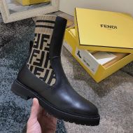 Fendi Rockoko Ankle Boots In Leather with FF Motif Stretch Fabric Brown