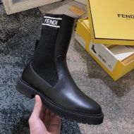 Fendi Rockoko Ankle Boots In Leather with FF Stripes Stretch Fabric Black/White