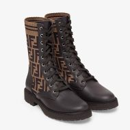 Fendi Rockoko Combat Boots Women Leather with FF Motif Stretch Fabric Brown