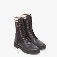 Fendi Rockoko Combat Boots In Leather with FF Stripes Stretch Fabric Black/White