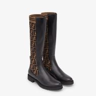 Fendi Rockoko High Ankle Boots In Leather with FF Motif Stretch Fabric Brown