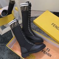 Fendi Rockoko High Combat Boots In Leather with FF Stripes Stretch Fabric Black/White