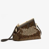 Fendi Small First Bag In FF Motif Fabric with Sequins Brown