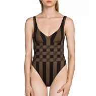 Fendi One-Piece Swimsuit Women Checkered FF Motif Lycra Brown