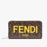Fendi Zip Around Wallet In ROMA Logo FF Motif Fabric Brown