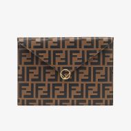 F is Fendi Large Slim Pouch In FF Motif Calf Leather Brown