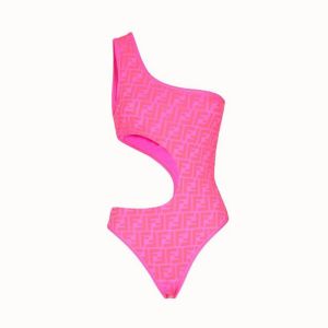 Fendi Asymmetric Cut-Out Swimsuit Women FF Motif Lycra Pink