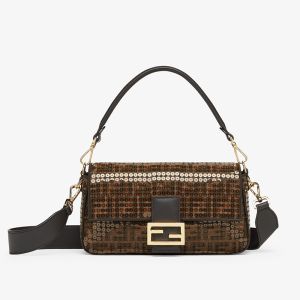 Fendi Baguette Bag In FF Motif Fabric with Sequins Brown