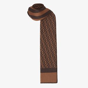 Fendi FF Rectangular Scarf Man In Silk and Wool Brown