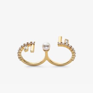 Fendi First Double Ring In Metal with Crystals and Pearls Gold