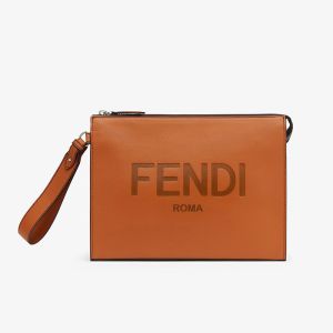 Fendi Flat Pouch In Roma Logo Calf Leather Brown
