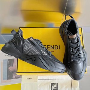 Fendi Flow Sneakers Men Leather and FF Motif Fabric Black