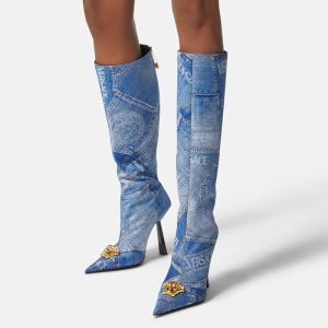 Fendi Knee High Ankle Boots Women Fendace Patchwork Denim Blue