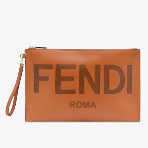 Fendi Large Flat Pouch In Roma Logo Calf Leather Brown
