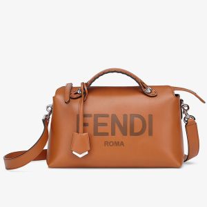 Fendi Medium By The Way Boston Bag In ROMA Logo Calf Leather Brown