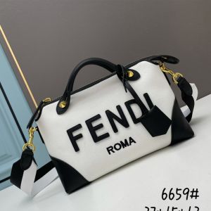 Fendi Medium By The Way Boston Bag In ROMA Logo Canvas White/Black