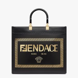 Fendi Medium Sunshine Shopper Bag In Fendace Logo Calf Leather Black