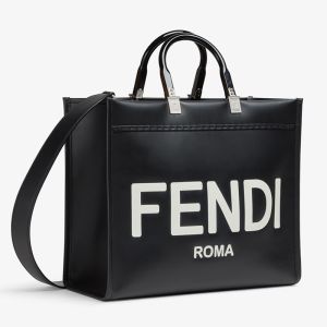 Fendi Medium Sunshine Shopper Bag In ROMA Logo Calf Leather Black/White