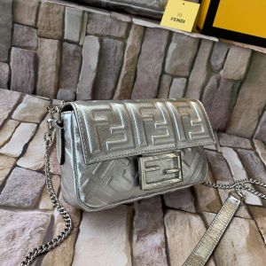 Fendi Mini Baguette Bag In FF Motif Nappa Leather Silver