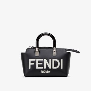 Fendi Mini By The Way Boston Bag In ROMA Logo Calf Leather Black/White