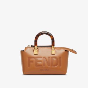 Fendi Mini By The Way Boston Bag In ROMA Logo Calf Leather Brown