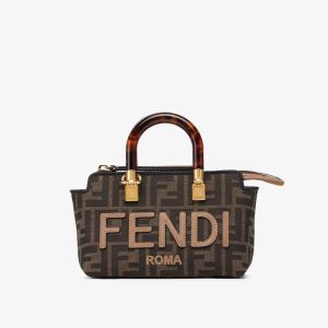 Fendi Mini By The Way Boston Bag In ROMA Logo FF Motif Fabric Brown