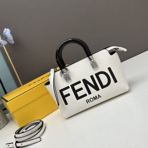 Fendi Mini By The Way Boston Bag In ROMA Logo Calf Leather White/Black