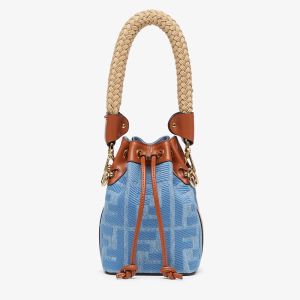 Fendi Mini Mon Tresor Bucket Bag with Straw Handle In FF Motif Straw Blue