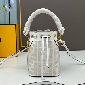 Fendi Mini Mon Tresor Bucket Bag with Woven Handle In FF Motif Canvas White