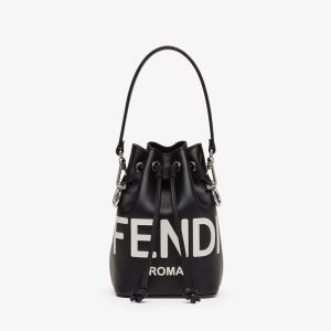 Fendi Mini Mon Tresor Bucket Bag In ROMA Logo Calf Leather Black/White
