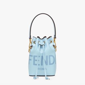Fendi Mini Mon Tresor Bucket Bag In ROMA Logo Calf Leather Blue