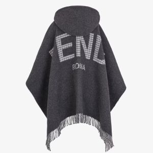 Fendi Poncho with Hood In Roma Logo Wool and Cashmere Black