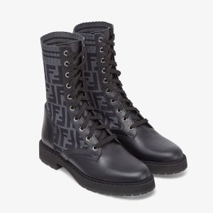 Fendi Rockoko Combat Boots In Leather with FF Motif Stretch Fabric Black