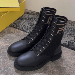 Fendi Rockoko Combat Boots In Leather with FF Stripes Stretch Fabric Black