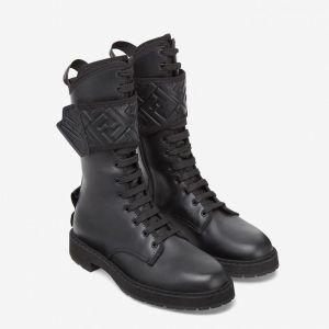 Fendi Rockoko Combat Boots In Smooth Leather with Velcro Straps Black