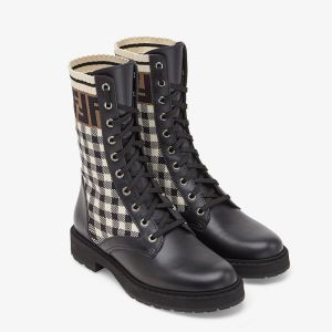 Fendi Rockoko Combat Boots In Leather with Vichy Motif Stretch Fabric Beige