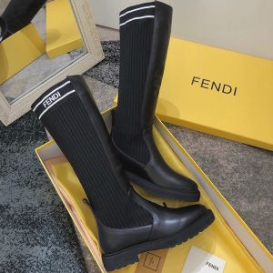 Fendi Rockoko High Ankle Boots In Leather with FF Stripes Stretch Fabric Black/White