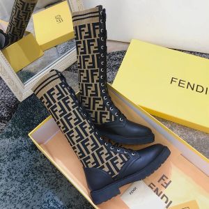Fendi Rockoko High Combat Boots In Leather with FF Motif Stretch Fabric Brown
