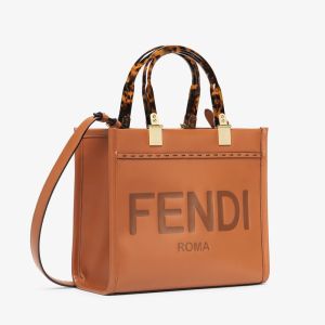 Fendi Small Sunshine Shopper Bag In ROMA Logo Calf Leather Brown